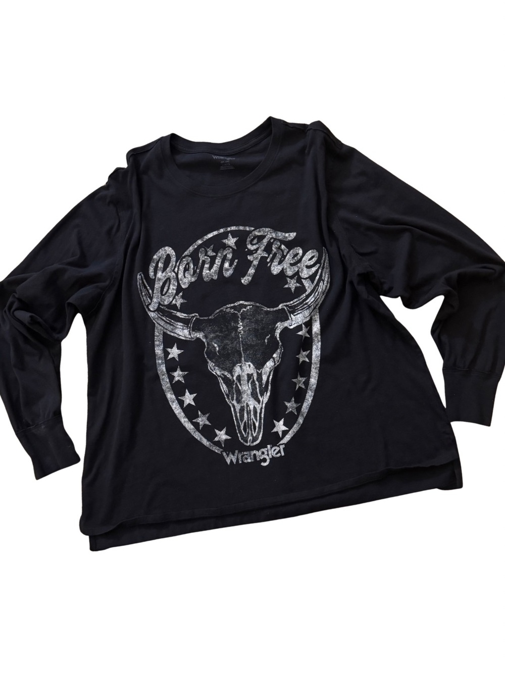 Wrangler Born Free Black Long Sleeve Graphic Tee Bull Skull Plus Size Large